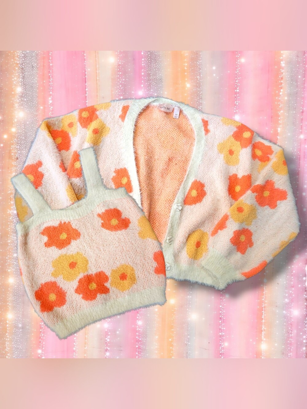 Willow Cream Floral Fuzzy Crop Tank and Cardigan Set - Orange & Yellow Flowers
